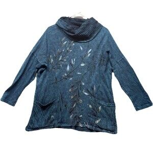 Jess & Jane Tunic Top Womens S Blue Mineral Wash Floral Patch Pocket Lagenlook